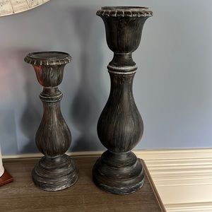 12 & 16 inch candlesticks. Blue, gray, browns distressed coloring